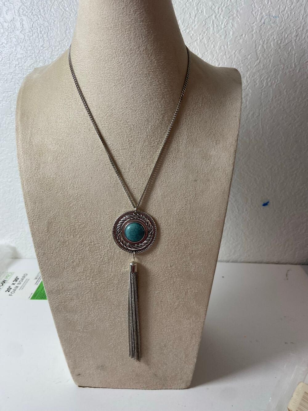Boho Tassel Necklace with Turquoise Cabochon